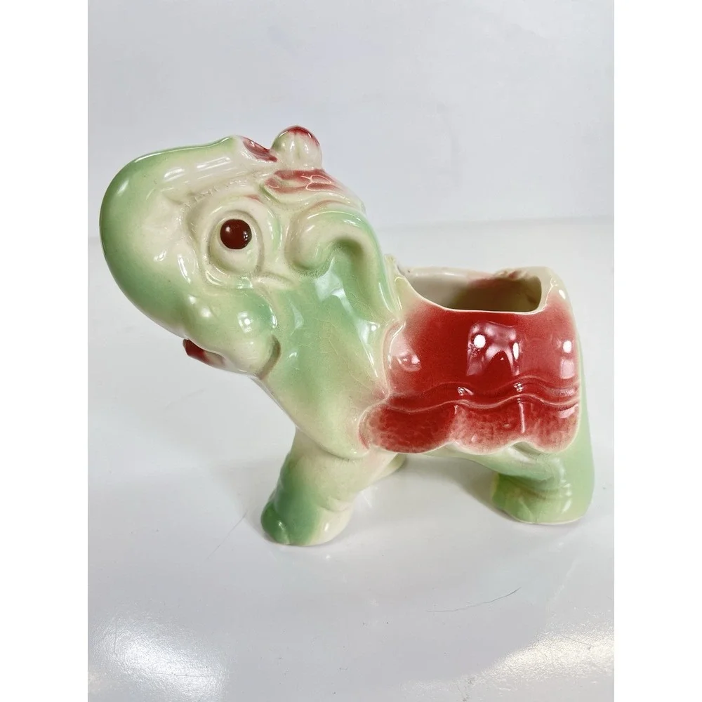 Vintage Shawnee Era Circus‎ Elephant Planter - Trunk Up Good Luck - Pink & Green